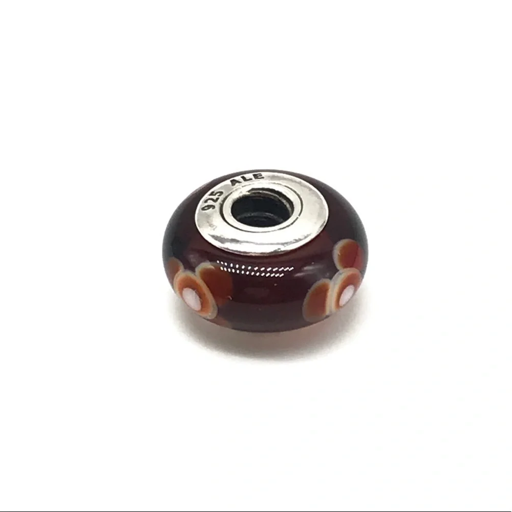 Pandora Dark Red Orange Floral Flower Murano Glass Charm